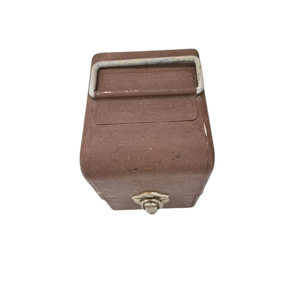 Vintage Simonsen 8mm Film Canister Case Brown Metal Handle Latch Holds 6 Cans